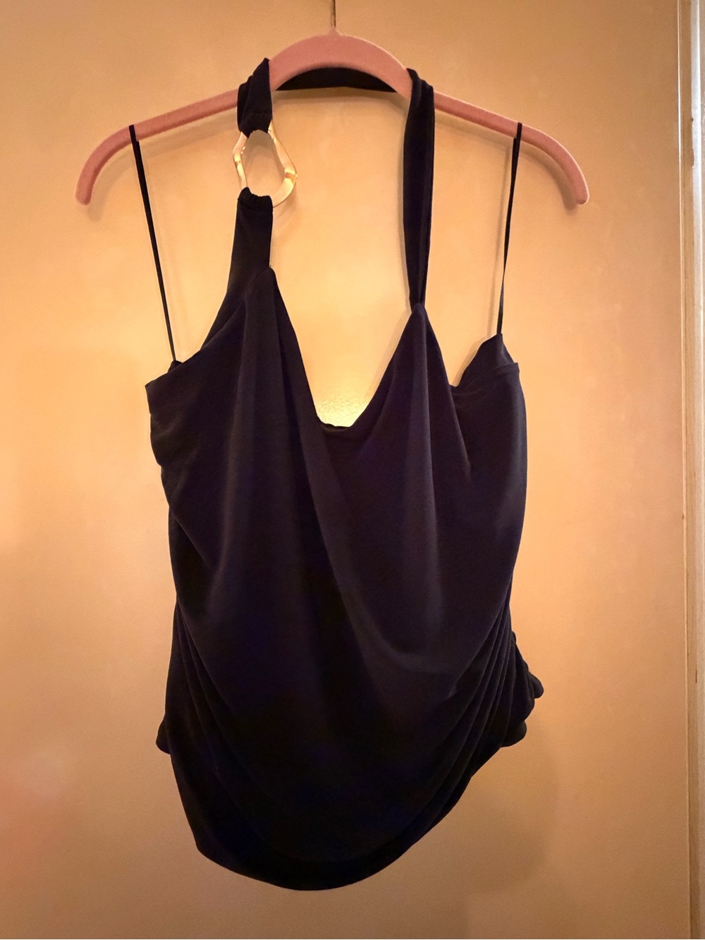 Draped Black Halter Camisole with Ring Accent